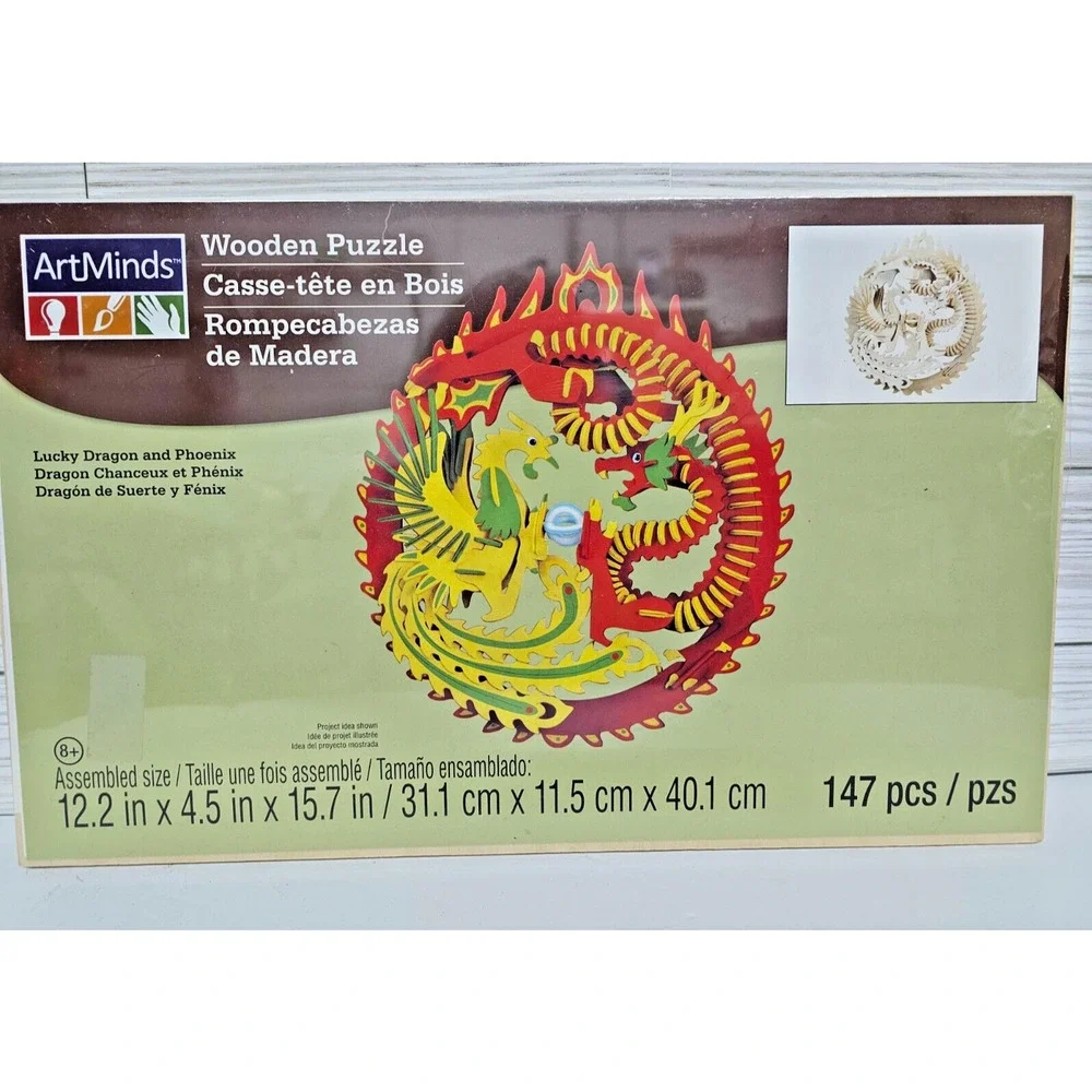 Art Minds Wooden 3-D Puzzle Kit Lucky Dragon & Phoenix Dragon 147 Pcs 8+ New